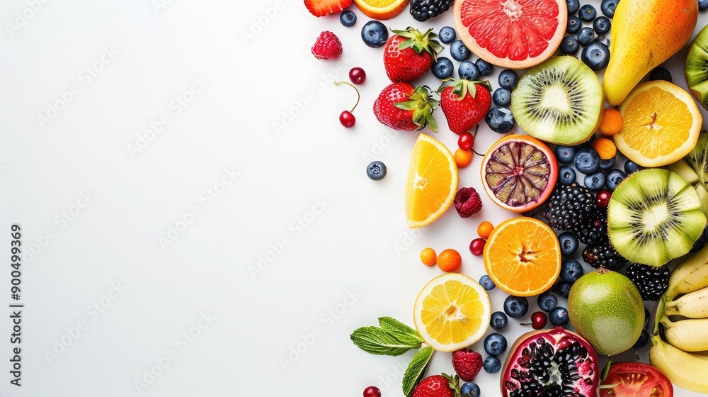 Assorted fruits arranged on a white background, providing ample copy space around the vibrant colors. Assorted fruits arranged on a white background, providing ample copy space around the vibrant colors.
