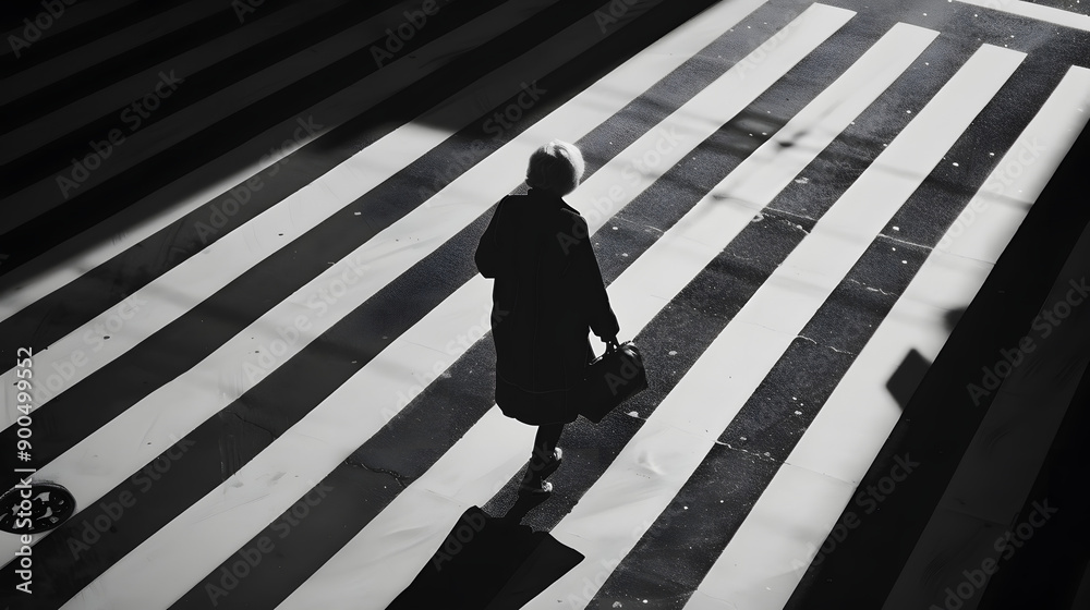 A solitary person crosses a striped street in a dramatic black and white photo, highlighting urban life and shadows A solitary person crosses a striped street in a dramatic black and white photo, highlighting urban life and shadows
