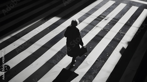 A solitary person crosses a striped street in a dramatic black and white photo, highlighting urban life and shadows photo