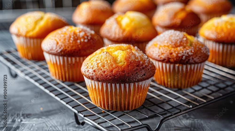 Freshly baked muffins on a cooling rack, with ample room for copy.