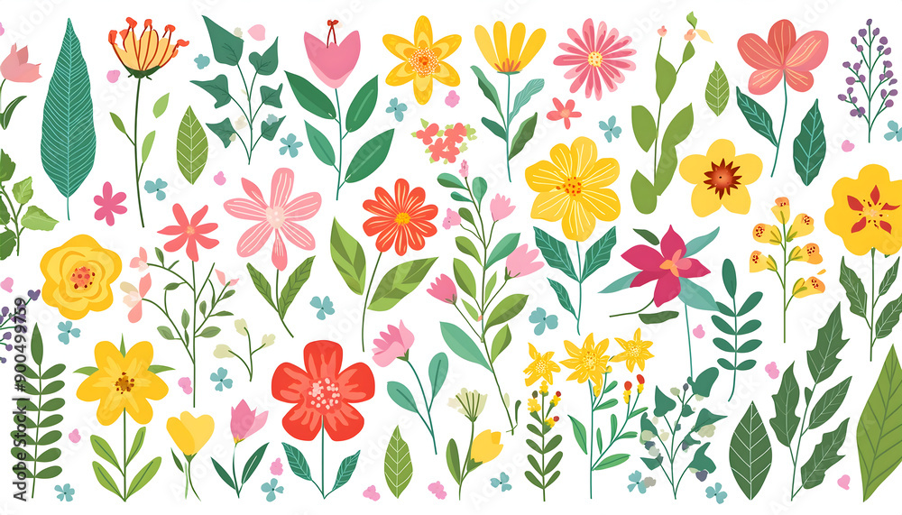 custom made wallpaper toronto digitalCollection of spring colorful flower elements vector, Set floral of wildflower on digital art concept, Generative AI.