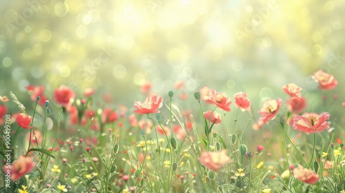 Blooming Poppy Field in Soft Sunlight.