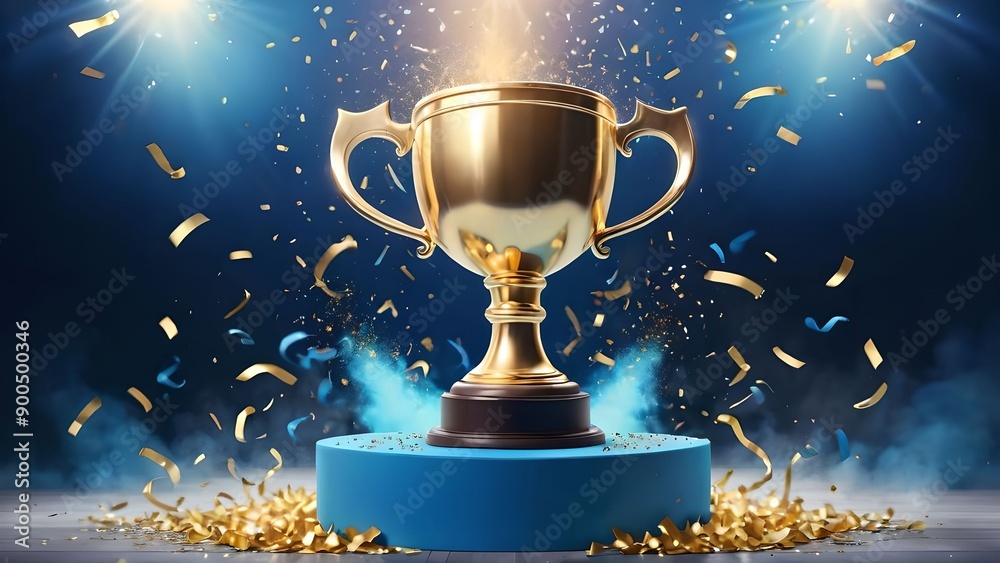 Shiny golden trophy placed on the podium floor, success concept, confetti falling from above, blue smoke and glow. Prize or reward for the winner and champion ceremony, contest triumph stadium stage Shiny golden trophy placed on the podium floor, success concept, confetti falling from above, blue smoke and glow. Prize or reward for the winner and champion ceremony, contest triumph stadium stage