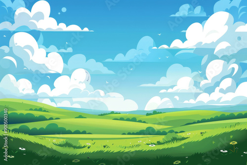 Green Fields Under a Blue Sky with Fluffy Clouds