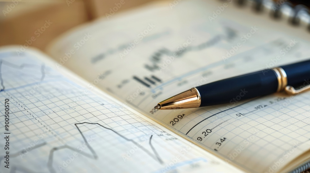 A blank notebook with a pen and financial charts, leaving ample room for copy. A blank notebook with a pen and financial charts, leaving ample room for copy.