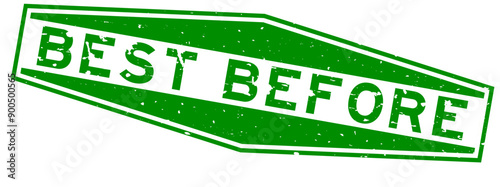 Grunge green best before word hexagon rubber seal stamp on white background