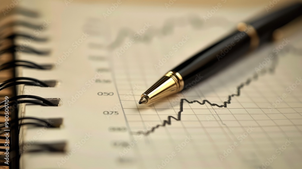 A blank notebook with a pen and financial graphs, providing space for copy. A blank notebook with a pen and financial graphs, providing space for copy.