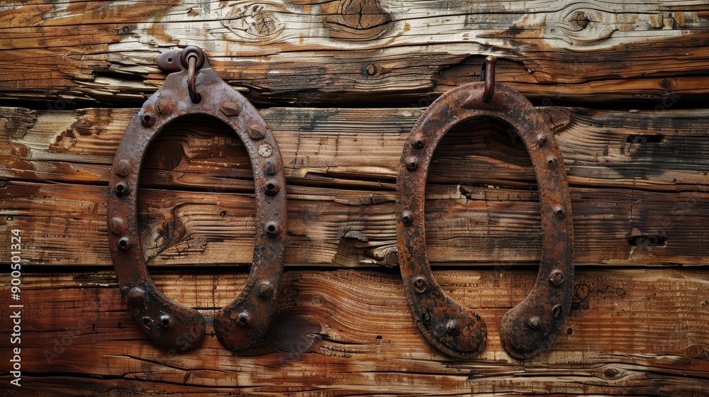 Fototapeta premium Two Rusted Metal Hinges Attached to Weathered Wooden Boards