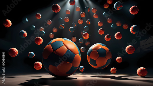 Design an image featuring 50 illuminated handballs forming dynamic 3d shapes in a dark arena. The interplay of light and shadow should highlight the energy and intensity of a handball game, showcasing photo