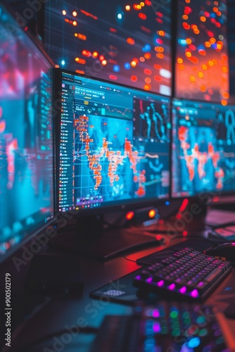 Dark, atmospheric image of stock market screens filled with colorful charts and graphs, showcasing financial data and analysis for trading and investment purposes.