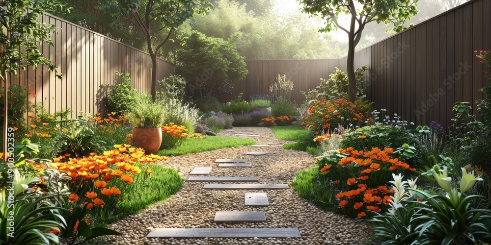 Fototapeta premium Lush and Vibrant Garden Oasis with Winding Stone Path