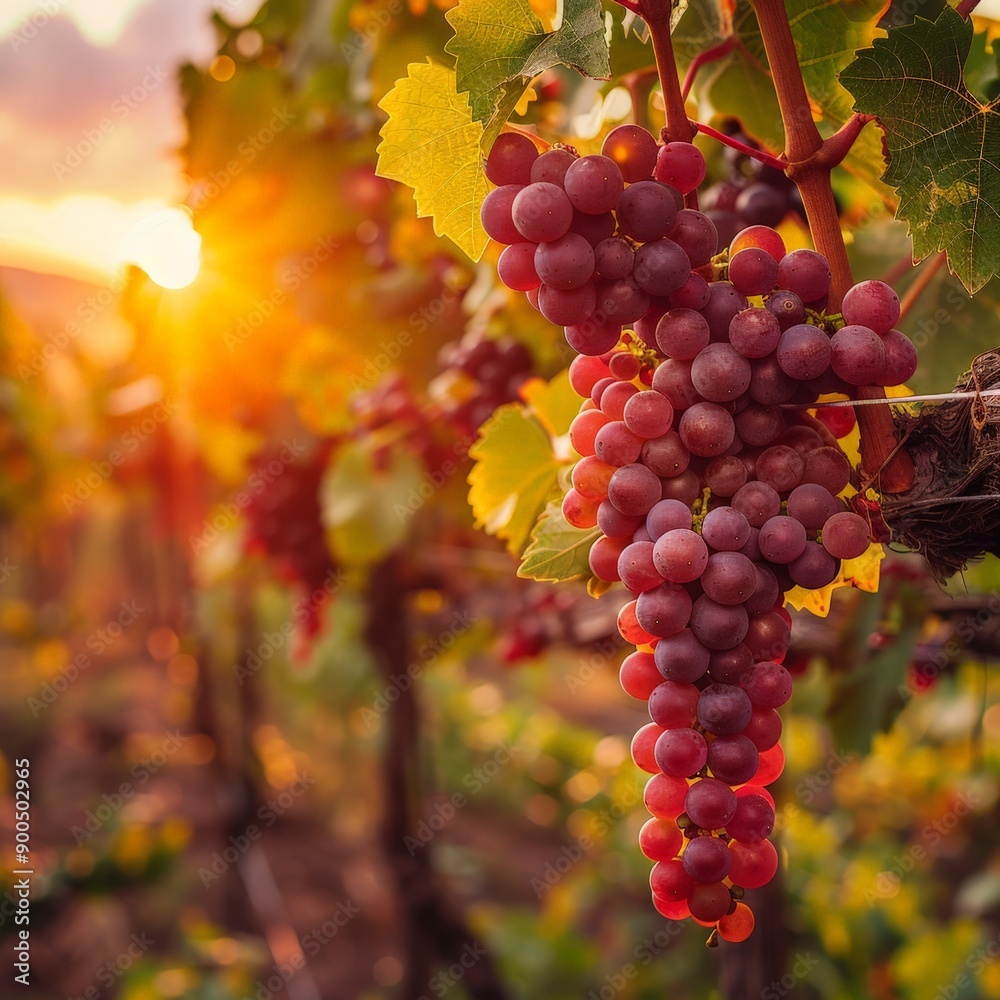 Naklejka premium Sunset Over Vineyard with Ripe Grapes