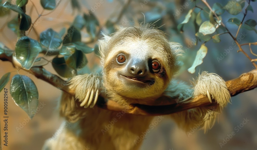Adorable Sloth Hanging on Tree Branch with Green Leaves Adorable Sloth Hanging on Tree Branch with Green Leaves