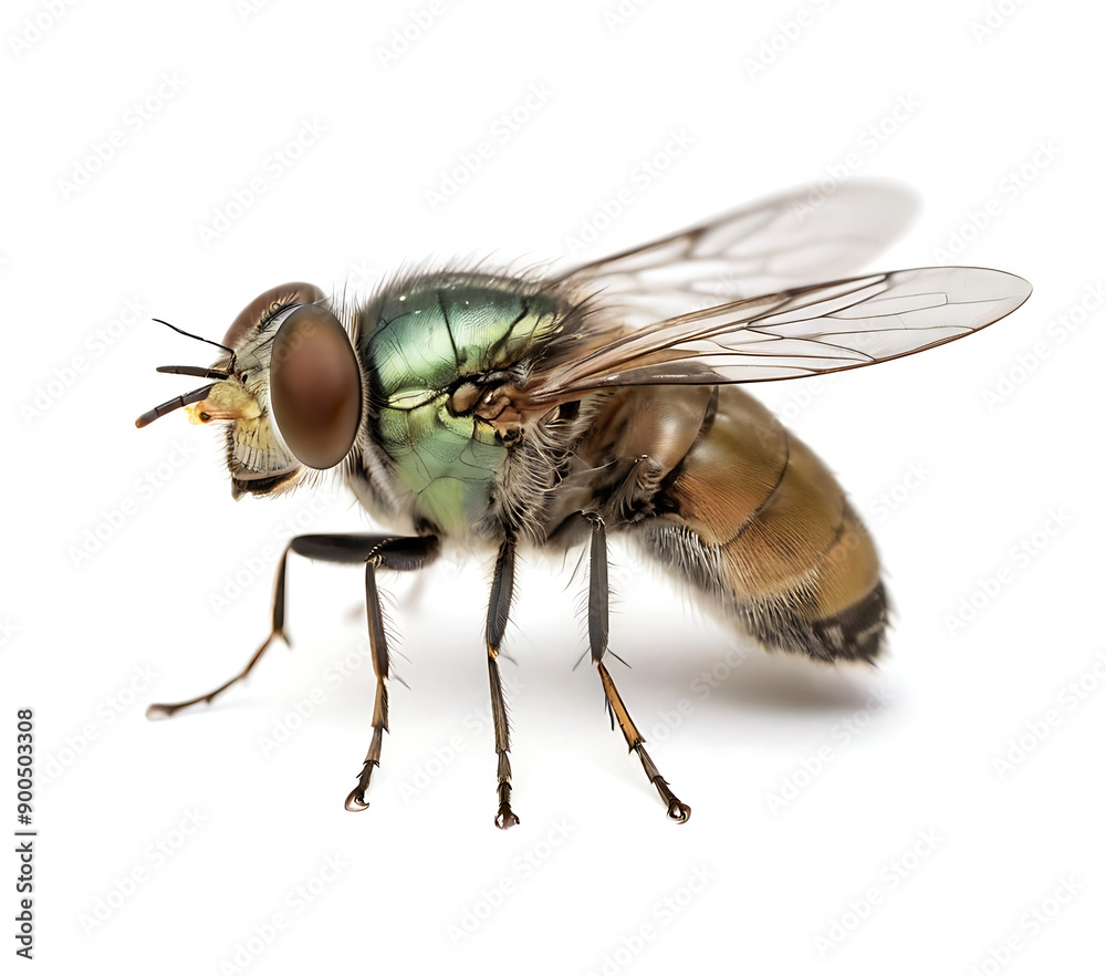 A detailed close-up of a green bottle fly isolated on a white background, perfect for educational materials, scientific publications, or pest control resources A detailed close-up of a green bottle fly isolated on a white background, perfect for educational materials, scientific publications, or pest control resources