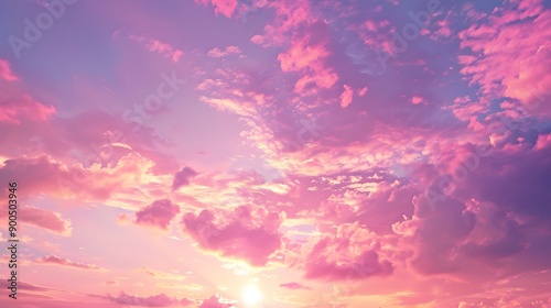 Panoramic photo, view of a pink and purple sky at sunset. Sky panorama background, header and web banner. 
