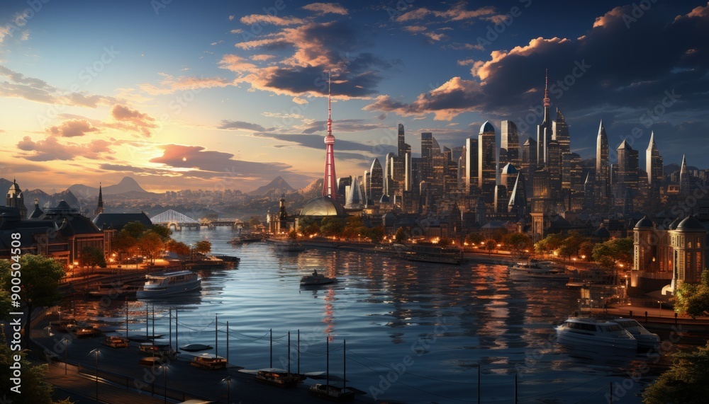Naklejka premium A busy harbor with yachts and a city backdrop