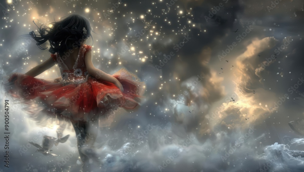 Dreamlike Scene of a Girl in a Red Dress with Sparkling Stars Dreamlike Scene of a Girl in a Red Dress with Sparkling Stars