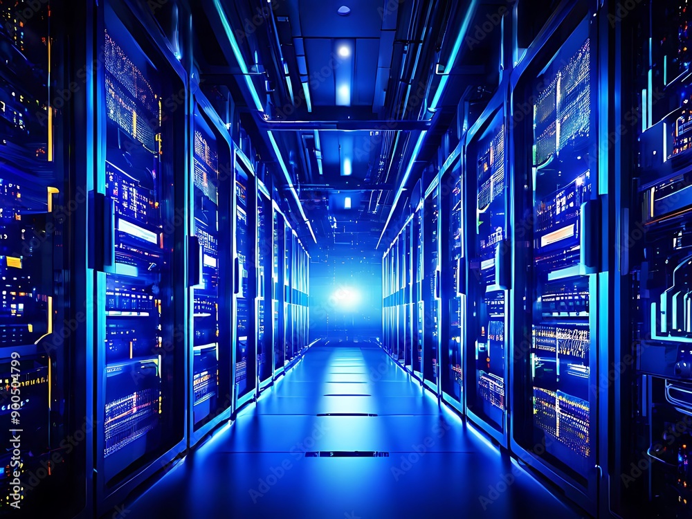 Fototapeta premium Abstract data center background, database in terminal storage, hardware server room, cloud computing, networking and hosting in rack system