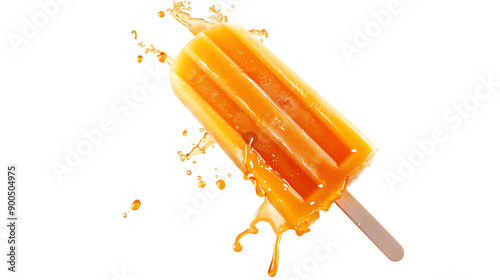 Orange popsicle on a stick with orange juice splattering, cut out photo