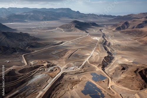 An expansive aerial view of a vast solar farm stretching across a desert, highlighting the extensive layout of solar panels generating clean, sustainable energy in a barren terrain. photo