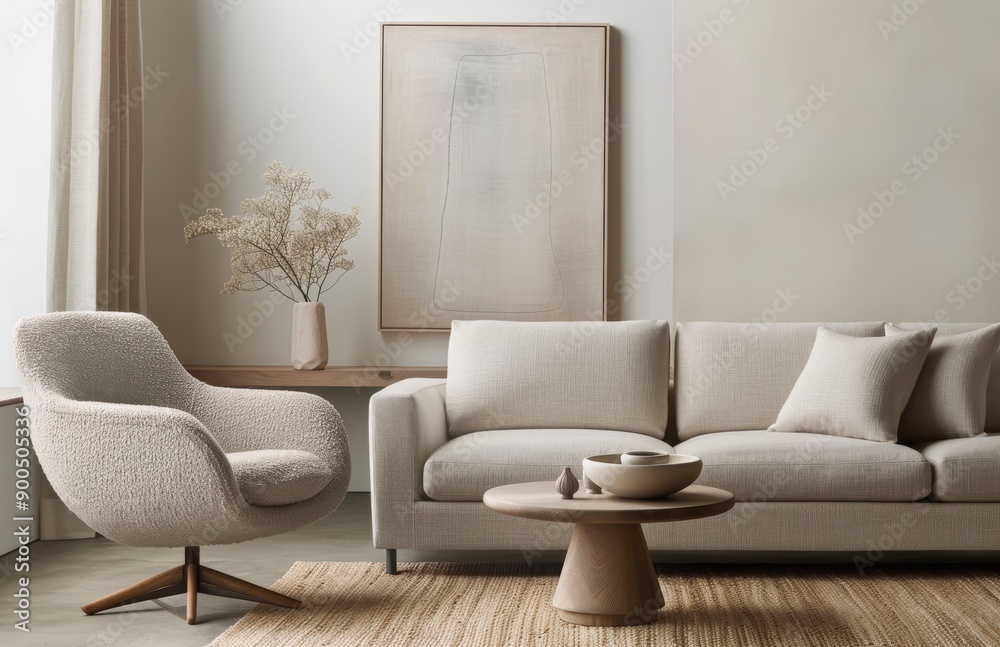 Fototapeta premium Modern Living Room With White Sofa and Armchair
