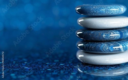 Stack of smooth blue stones on a shimmering surface, creating a serene and calming atmosphere, perfect for wellness themes. photo