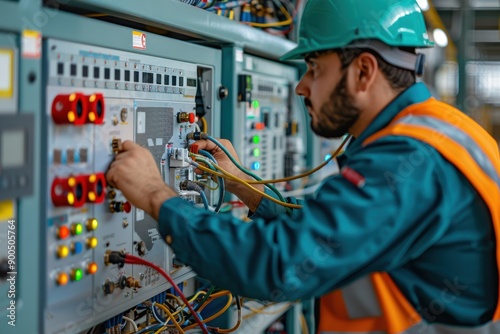 An industrial engineer, clad in safety gear, is diligently working on a control panel in a modern factory, ensuring all systems are functioning at optimal efficiency and addressing any technical issu