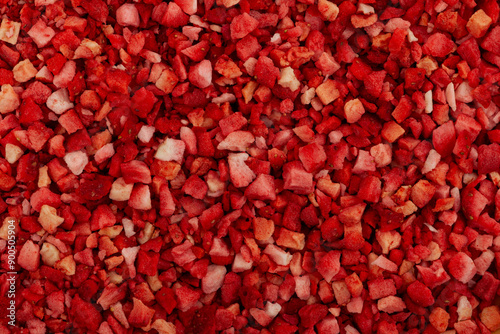 Freeze dried strawberries, close-up. Pile of Dehydrated strawberry berries. Fruit topping. Clever storage food.