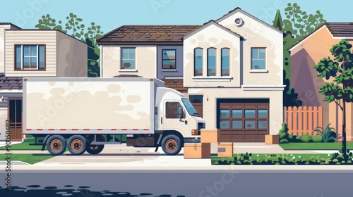 A moving truck is parked in front of a house, surrounded by cardboard boxes and the bustle of a family's relocation