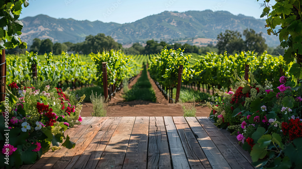Naklejka premium empty wooden table surronded by flowers for product placement on Vineyards. Wine product tabletop country nature design. Winery display layout banner.