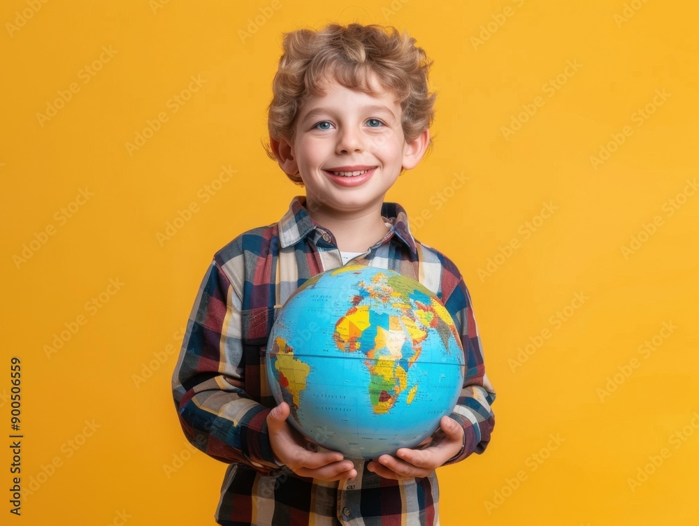 A smiling boy with a globe in his hands. AI generated A smiling boy with a globe in his hands. AI generated