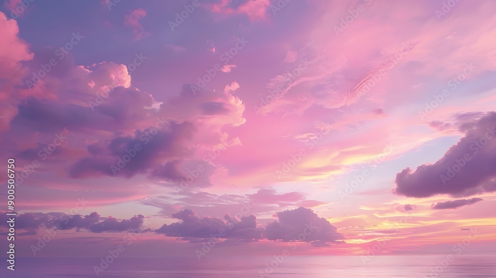 Fototapeta premium Panoramic photo, view of a pink and purple sky at sunset. Sky panorama background, header and web banner. 