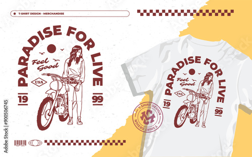 Girl motorcycles paradise beach summer. Motortrail girl. Motor cross girl illustration.
