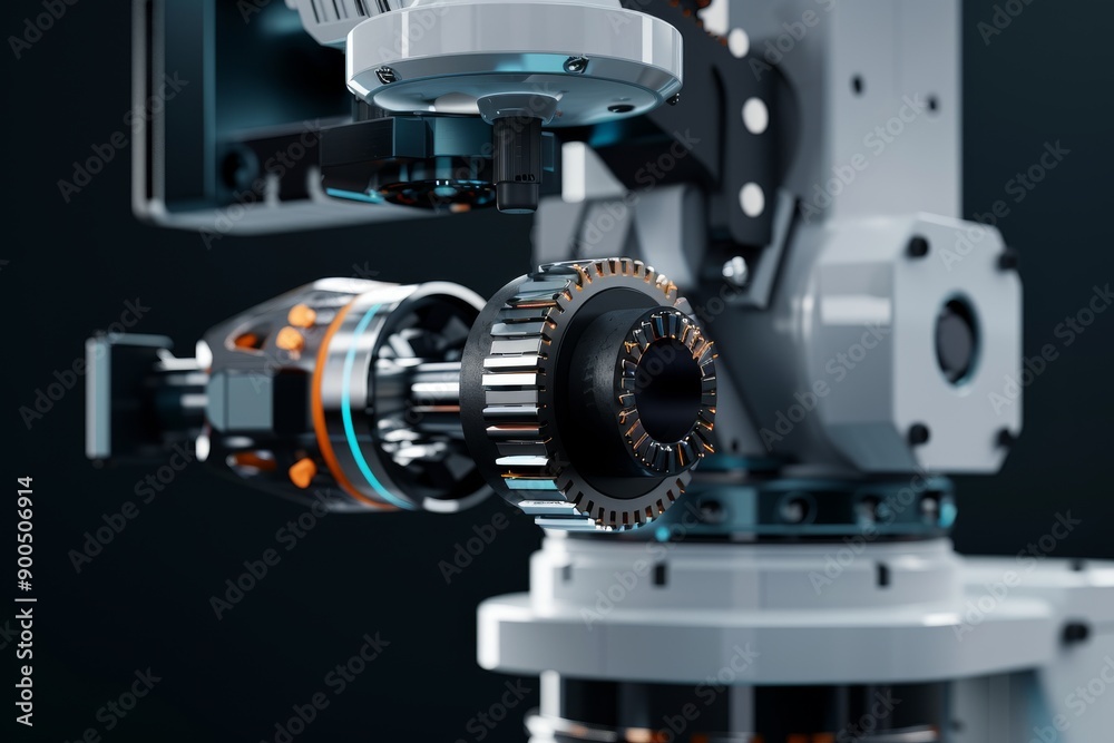 Fototapeta premium Advanced robotic arm operating precision machinery in an industrial setting showcasing cutting edge technology in manufacturing