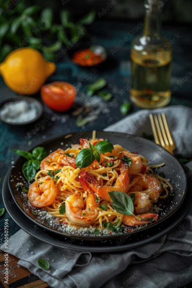 Shrimp Pasta with Fresh Herbs and Artisan Bread in Elegant Dining Setting Shrimp Pasta with Fresh Herbs and Artisan Bread in Elegant Dining Setting