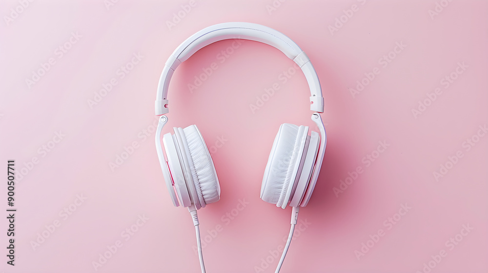White wireless headphones resting on a soft pink background with stylized design elements behind them. White wireless headphones resting on a soft pink background with stylized design elements behind them.