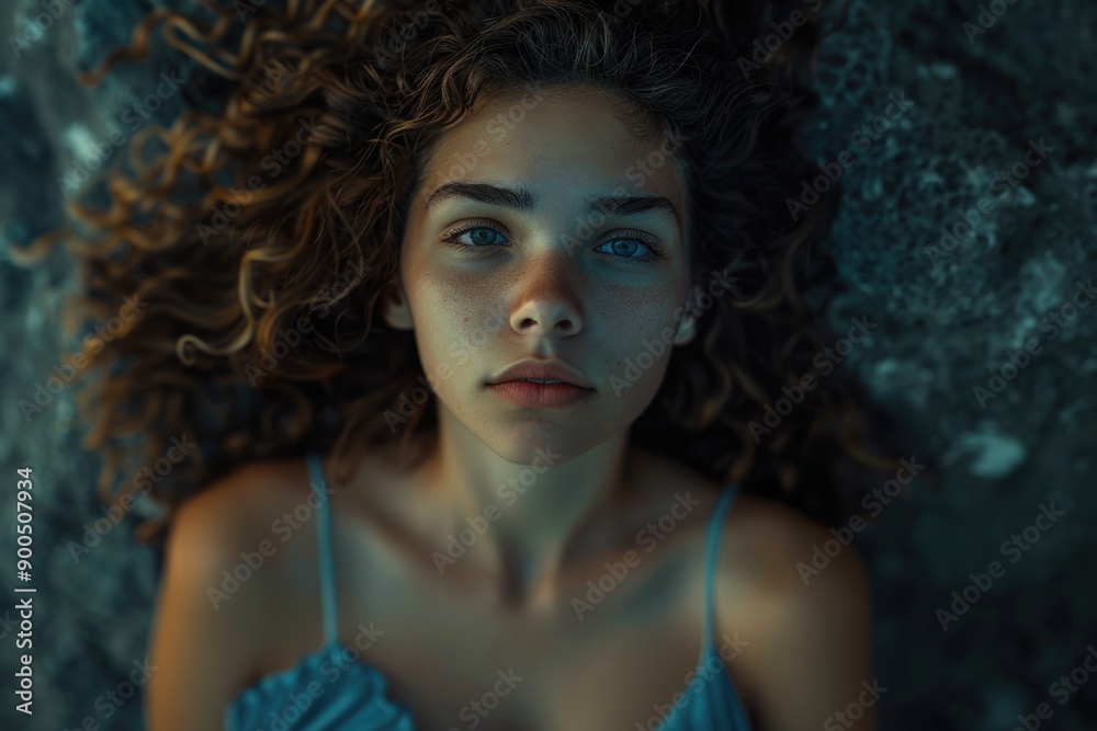 Fototapeta premium A woman with curly hair resting on the grassy terrain
