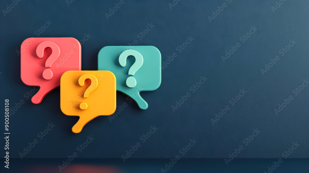 Colorful speech bubbles with question marks symbolizing inquiry, uncertainty, and communication against a dark blue background. Colorful speech bubbles with question marks symbolizing inquiry, uncertainty, and communication against a dark blue background.