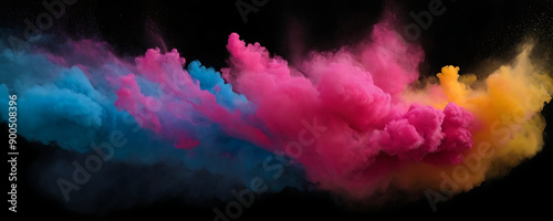 A vibrant explosion of blue, pink, and yellow powder against a black background, ideal for designs related to festivals, celebrations, or creative projects. photo