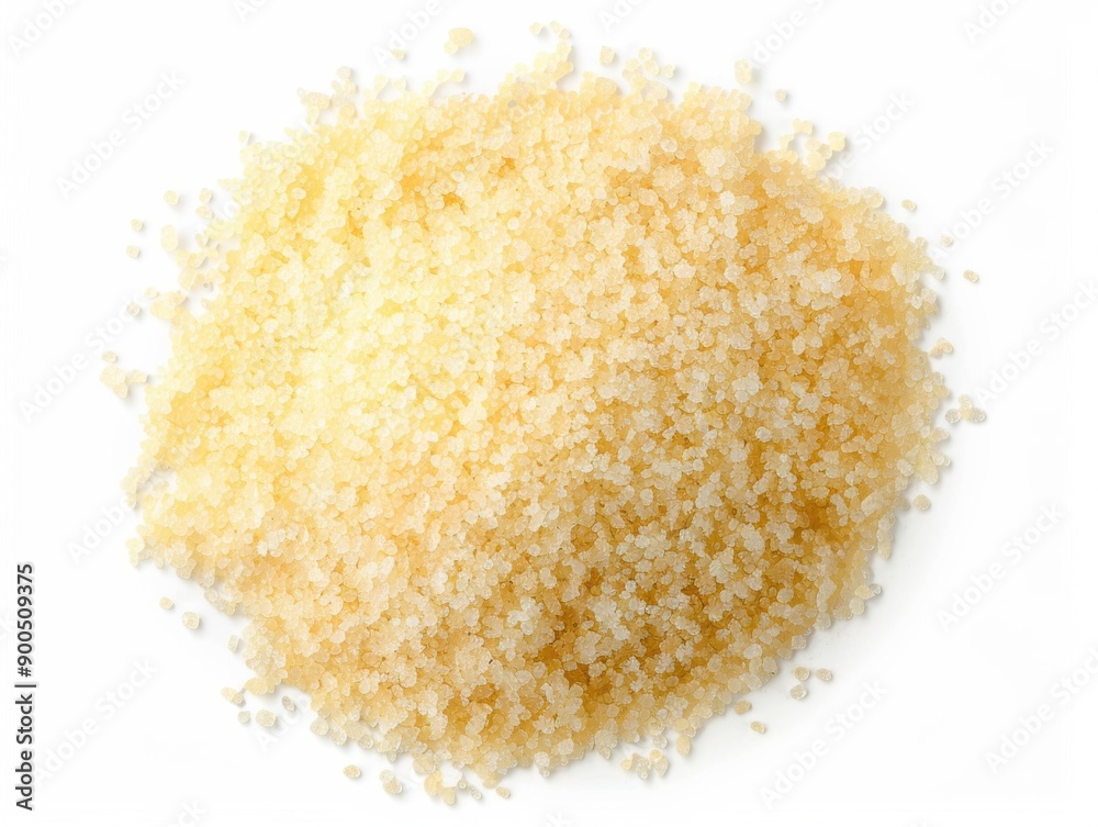 A mound of granulated sugar is set against a clean white background, showcasing its texture and color A mound of granulated sugar is set against a clean white background, showcasing its texture and color