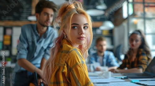 Wallpaper Mural Young Woman with Blonde Hair in Yellow Plaid Shirt Looking Over Shoulder  Photo Torontodigital.ca