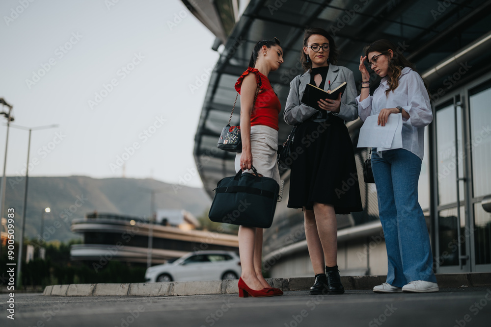 Three businesswomen holding briefcases and documents, having a discussion in an outdoor urban setting on a clear day. Three businesswomen holding briefcases and documents, having a discussion in an outdoor urban setting on a clear day.