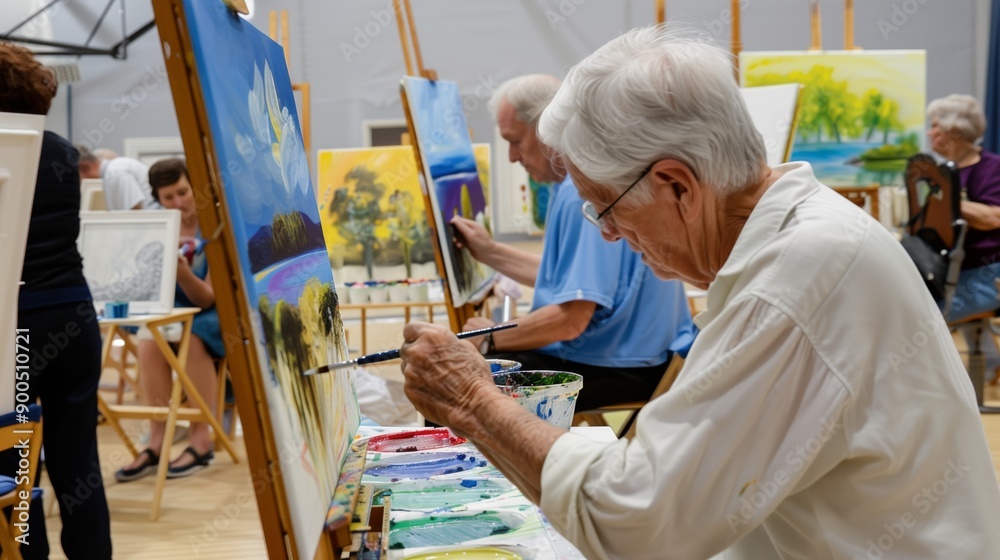 Elderly individuals enjoying a private painting class, creating artwork in a bright studio Elderly individuals enjoying a private painting class, creating artwork in a bright studio