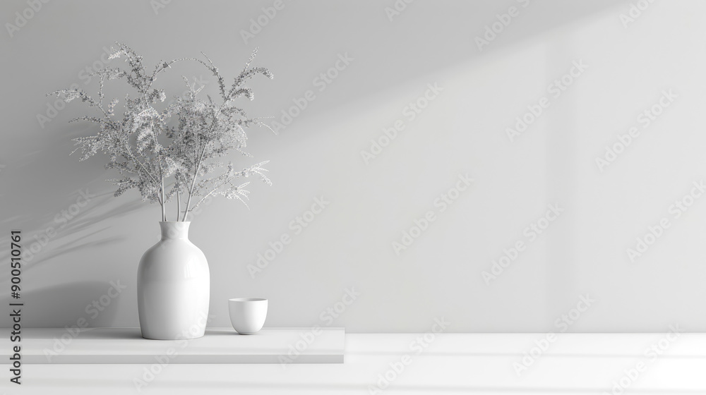 Minimalist white vase with flowers on white background, simplicity and elegance Minimalist white vase with flowers on white background, simplicity and elegance