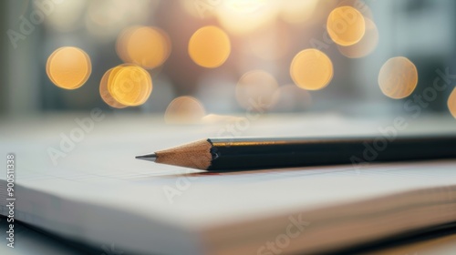 A pencil rests on blank pages while warm bokeh lights create a soft background, suggesting a focused study session