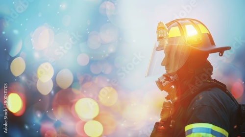 A firefighter stands amidst a soft bokeh of light icons, ready for action during a nighttime emergency response