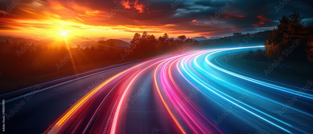 The Road to Tomorrow: A winding asphalt road stretches into the distance, illuminated by a vibrant spectrum of light trails, signifying the rapid pace of progress and the boundless possibilities that The Road to Tomorrow: A winding asphalt road stretches into the distance, illuminated by a vibrant spectrum of light trails, signifying the rapid pace of progress and the boundless possibilities that