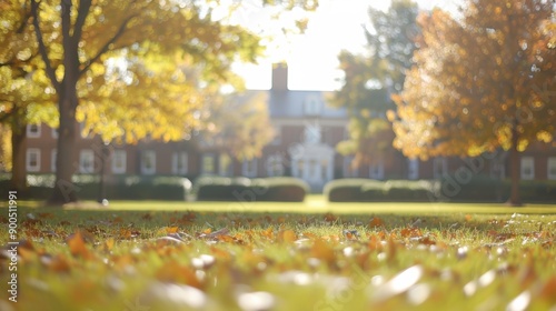 Golden autumn leaves blanket the quad while sunlight filters through vibrant trees