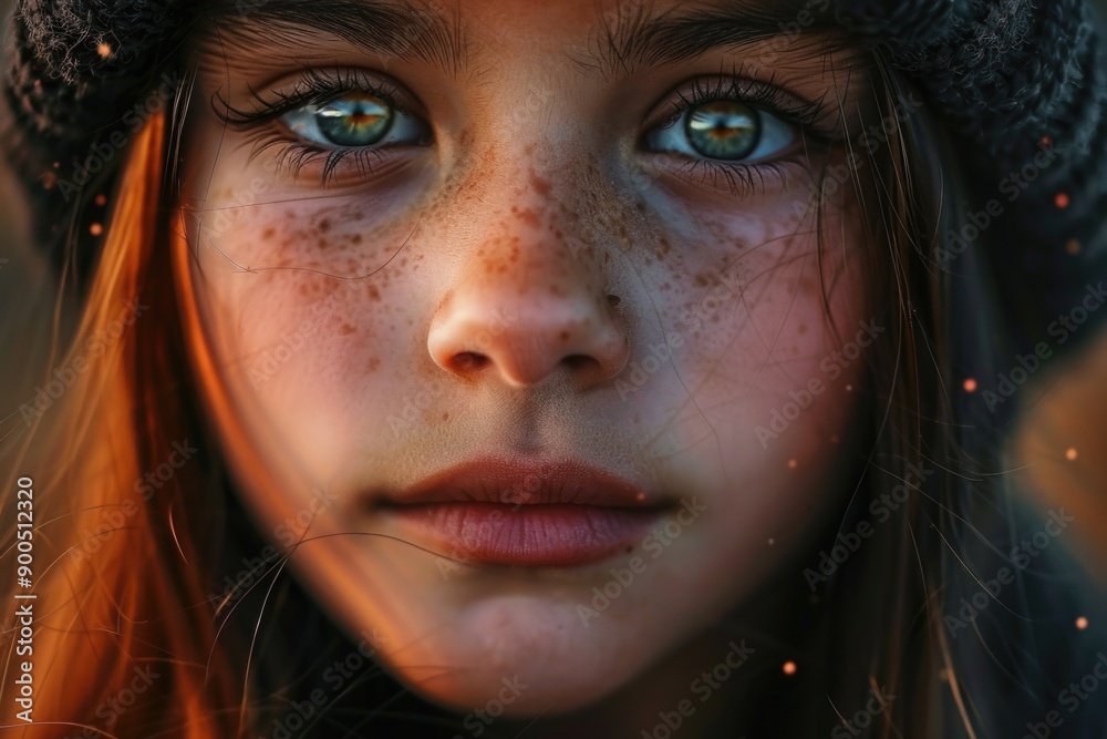A close-up view of a young girl's face featuring distinctive freckles A close-up view of a young girl's face featuring distinctive freckles