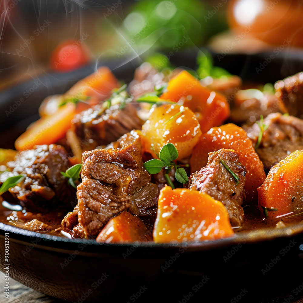 rustic steaming Flemish beef stew. AI generative. rustic steaming Flemish beef stew. AI generative.